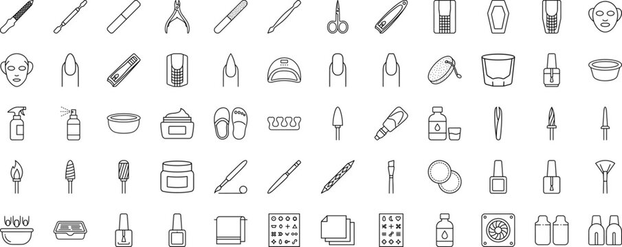 Manicure Beauty Tools line icon set. Vector pictograms of nail care, salon equipment, pedicure, and polish elements, thin linear illustration.