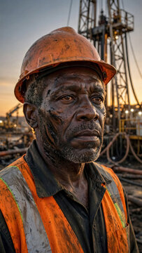 Black Male Oil Field Veteran Standing in Front of Drilling Rig at Dusk
