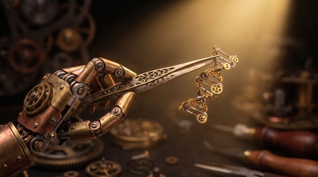 Steampunk Robotic Hand Holding DNA Helix Made of Mechanical Clock Gears