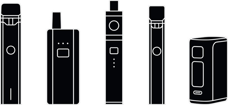 Black Electronic Cigarette Silhouette Icon Set Featuring Vape Mod, Pod System, and Vape Pen Elements for E-Cigarette Shop, Smoking Alternative, and Vaping Graphic Designs