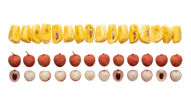 Fresh pineapple slices and whole lychee fruits with peeled white lychee flesh arranged in rows