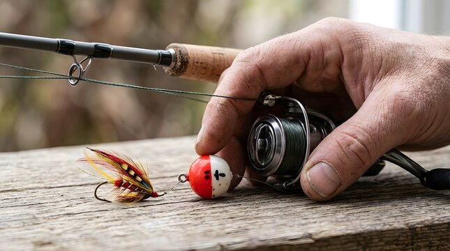 Person holding a colorful feathered lure and spinning reel on a rod