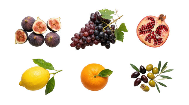 Set of fresh healthy fruits including figs grapes pomegranate lemon orange and olives for nutrition and cooking