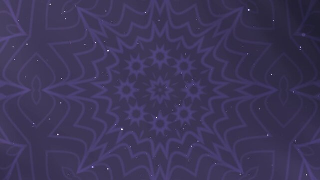 Purple mandala overlay pattern with white sparkling particles on a dark violet backdrop ideal for backgrounds, textiles, or meditation designs.