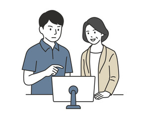 Fototapeta premium パソコンの画面を見ながらケアマネージャーと打ち合わせをする男性介護士のイラスト