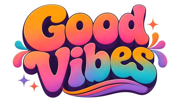 Good Vibes retro typography design with chunky rounded colorful letters on white.