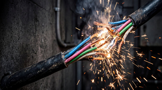 Severed electrical cable sparks and frays displaying exposed wires