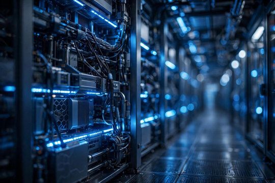Futuristic data center corridor with blue LED lights