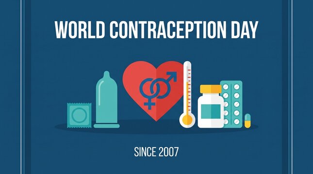 World Contraception Day poster showing birth control pills and condoms promoting sexual health and reproductive rights on a blue background