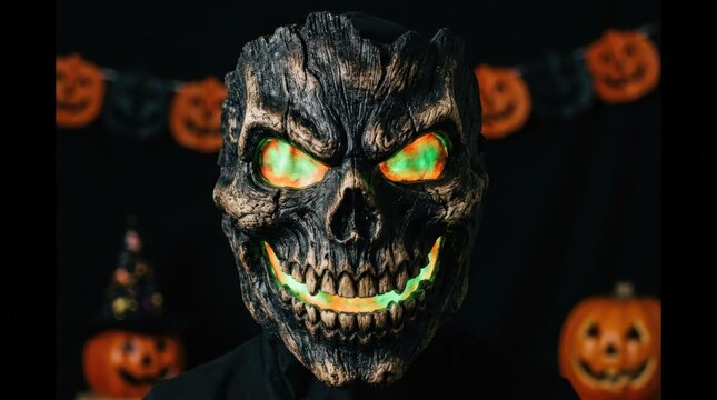 A person wearing a weathered, tree-bark textured skull mask with glowing neon green eyes and mouth. Set against a dark background with blurred Halloween pumpkins, ideal for horror and spooky designs.