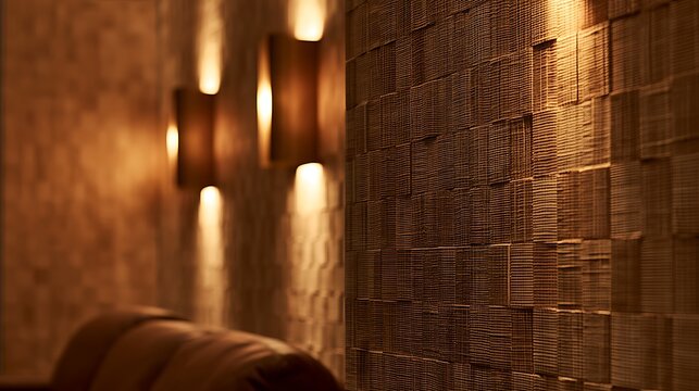 Modern luxury living room interior with warm wall lighting and textured stone wall.