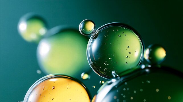 Abstract Green and Gold Oil Bubbles Macro Background