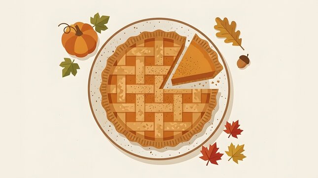 Lattice top pumpkin pie on plate with autumn leaves and pumpkin