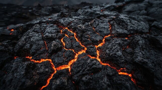 Molten lava in cracked volcanic rock surface