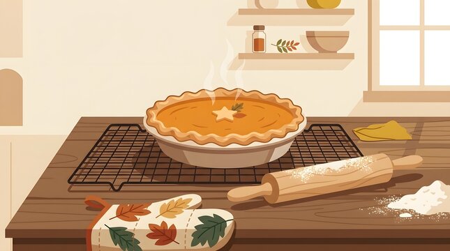 Freshly baked pumpkin pie cooling on a wooden kitchen table