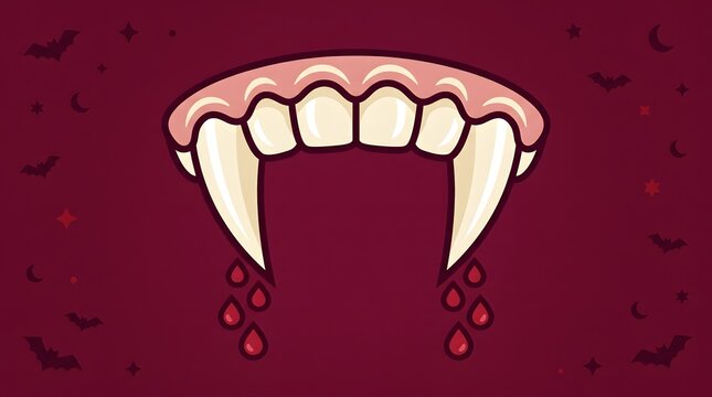 Vampire fangs with dripping blood on spooky halloween background
