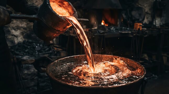 Pouring molten metal into a container in foundry