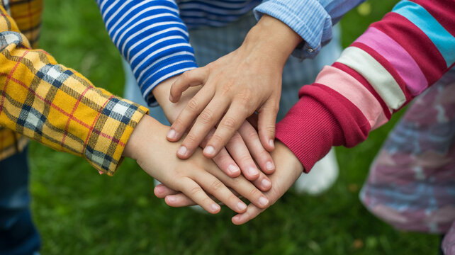 Children Stacking Hands Together Outdoors to Represent Teamwork and Unity