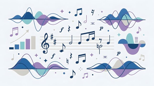 Abstract musical notes and blue sound wave elements set