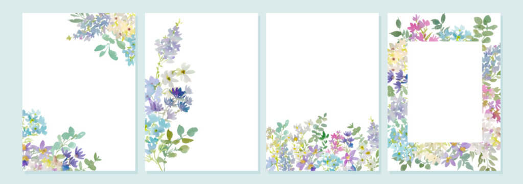 Watercolor Elegant Floral Card Background Set with Abstract Hand-Painted Blue, White, and Purple Wildflowers for Wedding Invitations, Greeting Cards, and Stationery