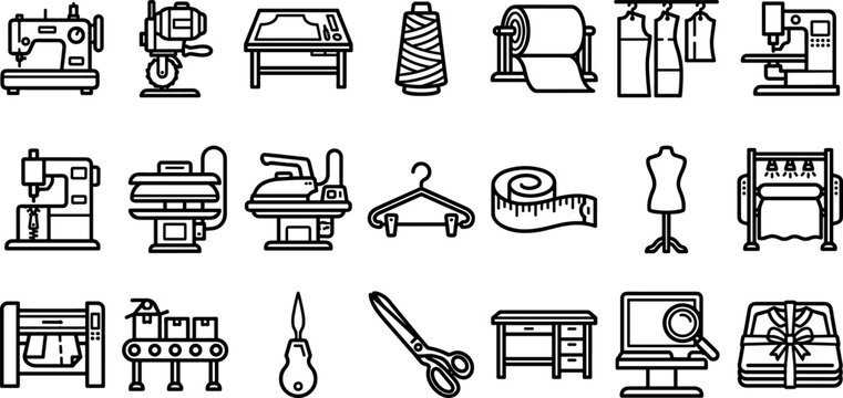 Industrial garment manufacturing factory textile apparel sewing machine fashion atelier equipment line art outline vector icon set