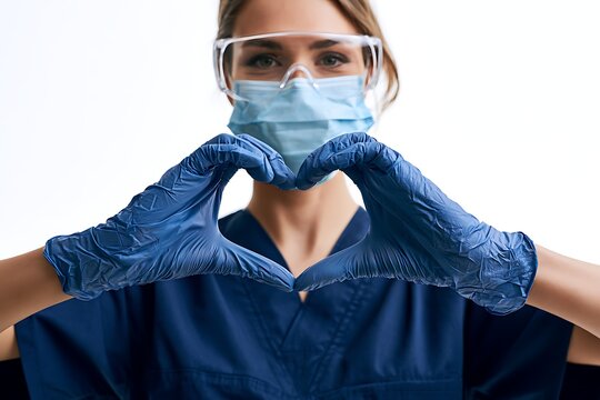 Female doctor in protective gear making a heart shape with her hands isolated on white background