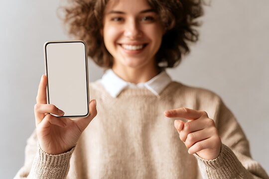Young woman with curly hair smiling and pointing at a blank smartphone screen