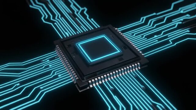 Central processing unit microchip with glowing blue light trails on a dark circuit board. Digital motherboard hardware showing data transfer and computing power. High-tech 3D animation footage.