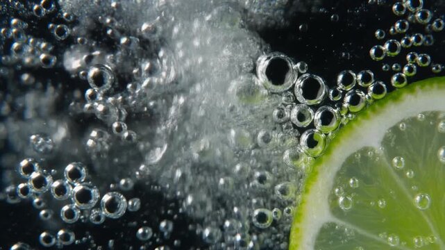Fresh lime slice in carbonated water video. High-speed macro footage showing silver air bubbles rising against a black background. Refreshing citrus fruit in sparkling mineral water for drink.