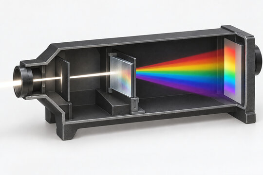 Spectroscope Cutaway Revealing Light Dispersion Into Rainbow Spectrum