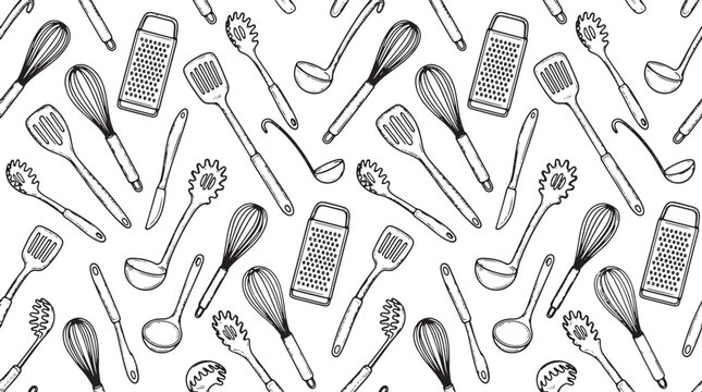 Seamless Kitchen Utensil Pattern Hand Drawn Line Art Illustration Background