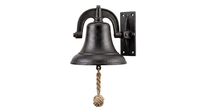 Vintage black cast iron wall mounted dinner bell with rope pull.