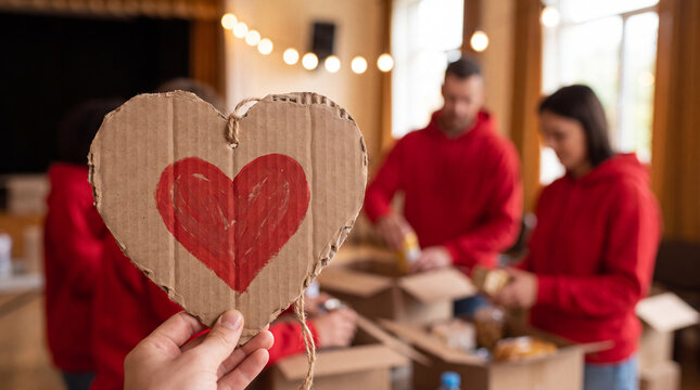 World Kindness Day close-up of a heart-shaped kindness sign, volunteers packing boxes blurred behind, ideal for charity website hero and campaign header imagery.