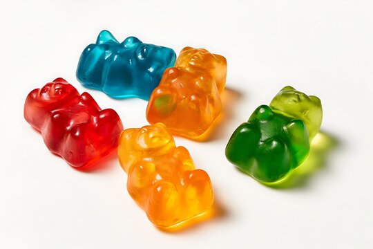 Five colorful gummy bears isolated on white background