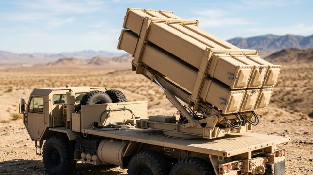 Military missile launcher truck deployed in desert landscape for defense
