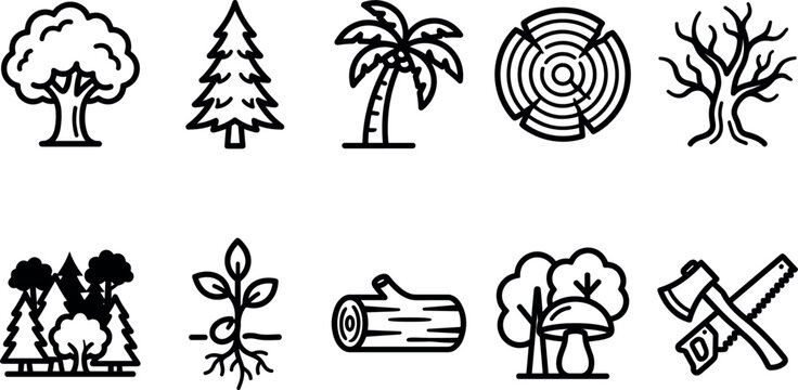 Collection of black line vector icons showing forest trees timber logs carpentry tools and nature forestry symbols
