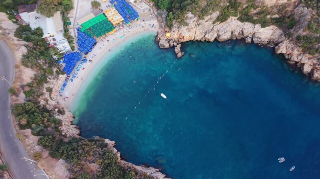 Drone view of small village next to beach in Kas Turkey