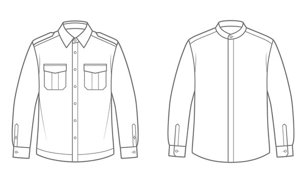 Blank mens utility shirt and mandarin collar shirt vector flat sketch CAD drawing template for tech pack