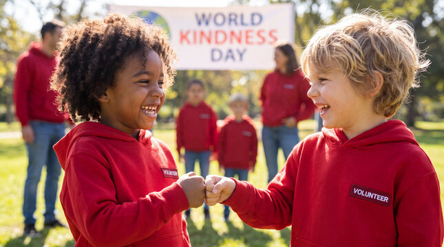 World Kindness Day low-angle close-up of two children in red volunteer hoodies giving a fist bump, perfect for charity website banners and teamwork campaign visuals.