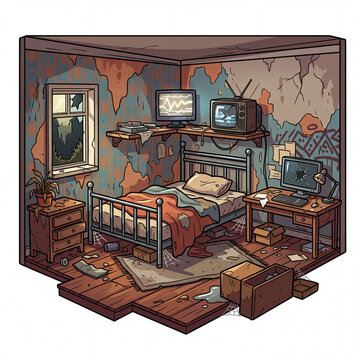 Abandoned Modern Bedroom Cartoon Game Asset with Flickering Screens