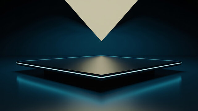 Futuristic Floating Platform with Dramatic Light and Dark Blue Background
