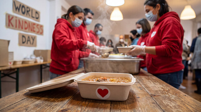 World Kindness Day close-up of a warm meal container with a heart sticker, volunteers serving food blurred behind, ideal for charity content and visuals.