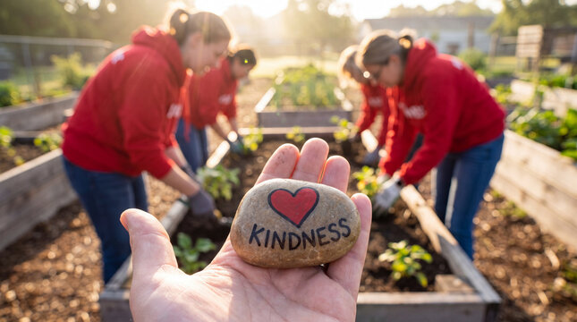 World Kindness Day close-up of a painted kindness rock with a heart symbol, volunteers gardening blurred in background, perfect for charity content and campaign imagery.