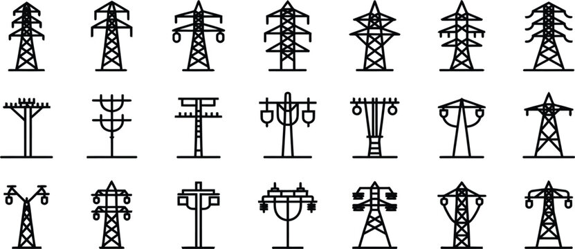 Electricity transmission tower and high voltage power line icon set on white backdrop, electrical grid network, energy infrastructure, utility engineering and power distribution vector illustration.