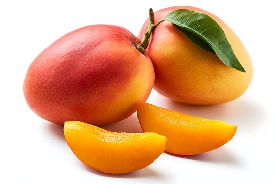 Fresh ripe mangoes with slices isolated on white background