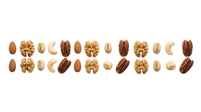 Assorted raw nuts including walnuts pecans almonds cashews and pistachios arranged in two neat rows