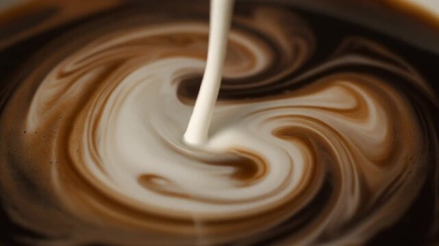Milk pouring into black coffee close-up. White cream swirling in dark espresso creating abstract marbling patterns. Slow motion macro video for cafe menu, morning routine, and food blogging.