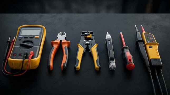 Professional electrician tools laid out neatly on a dark workbench surface
