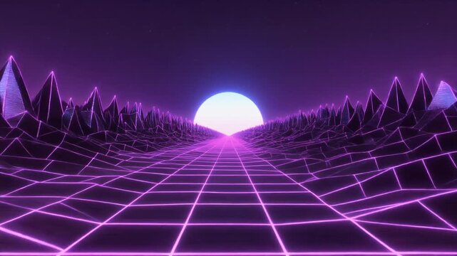Retro 80s Synthwave landscape loop. Purple neon grid road moving through wireframe mountains under a glowing sun and starry sky. 3D vj background for music videos and nostalgia themes today.