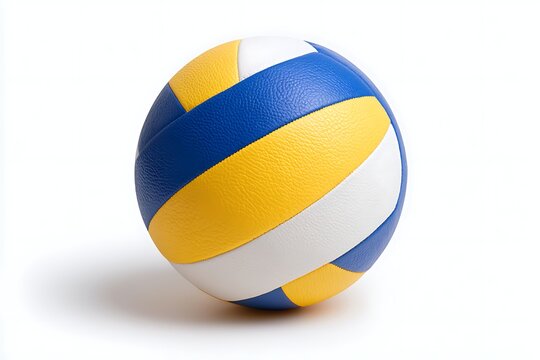 A professional volleyball with blue, yellow, and white panels isolated on white background